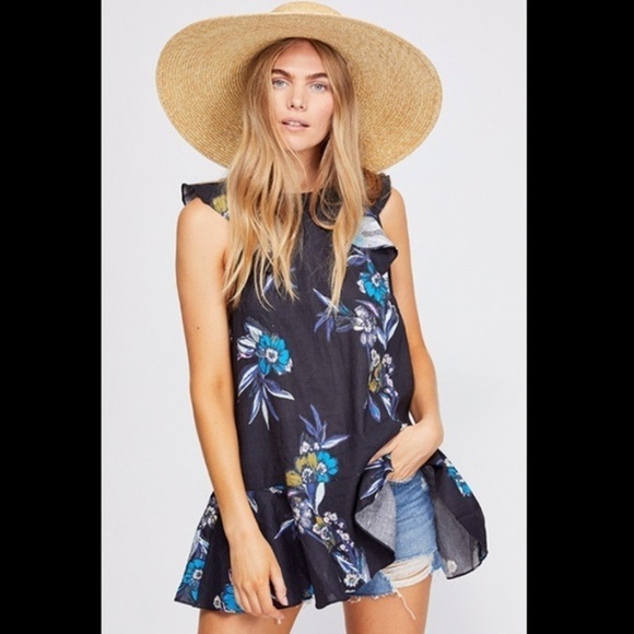 Free People Womens Summer in Tulum Floral Linen Blend Tunic Top Size Large - Picture 1 of 11